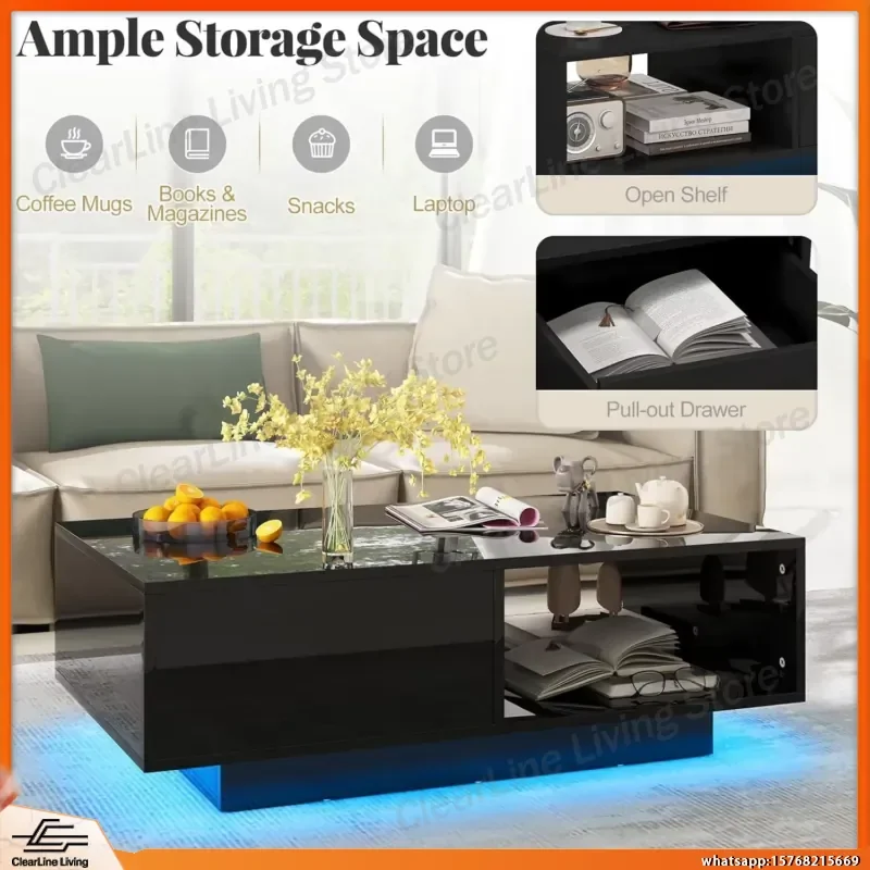 

Wooden Coffee Table with Storage Drawer Shelf LED Lighting for Living Room Bedroom Home Office Sofa Side End Table Modern