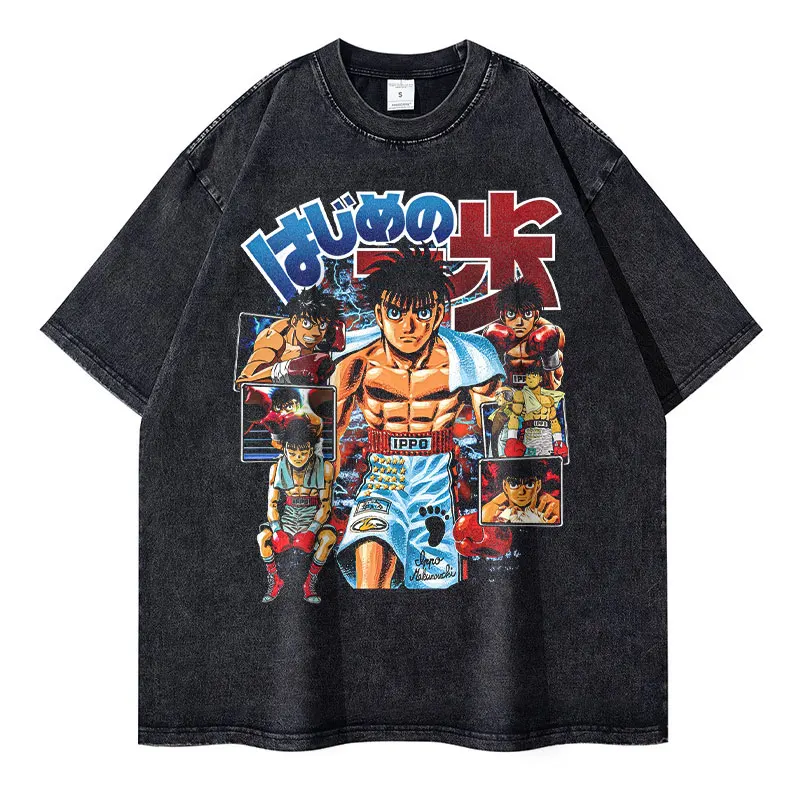 Anime Hajime No Ippo Makunouchi Ippo Graphic Washed T Shirt Men Vintage T-shirts Oversized T-Shirt Harajuku Male Cotton Tops