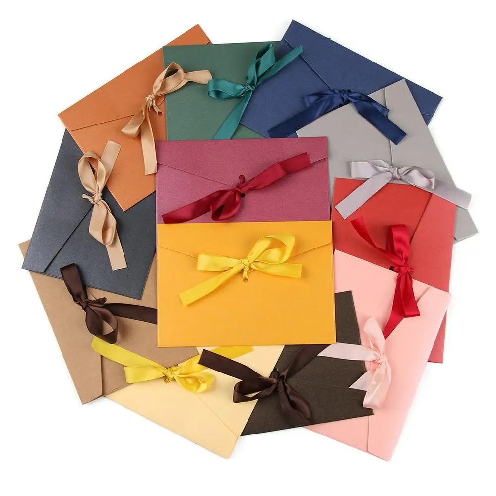 

10pcs/set Greeting Card Envelope with Bow Wedding Party Invitation Retro Color Pearlescent Paper Thicken Ribbon Thank Envelope