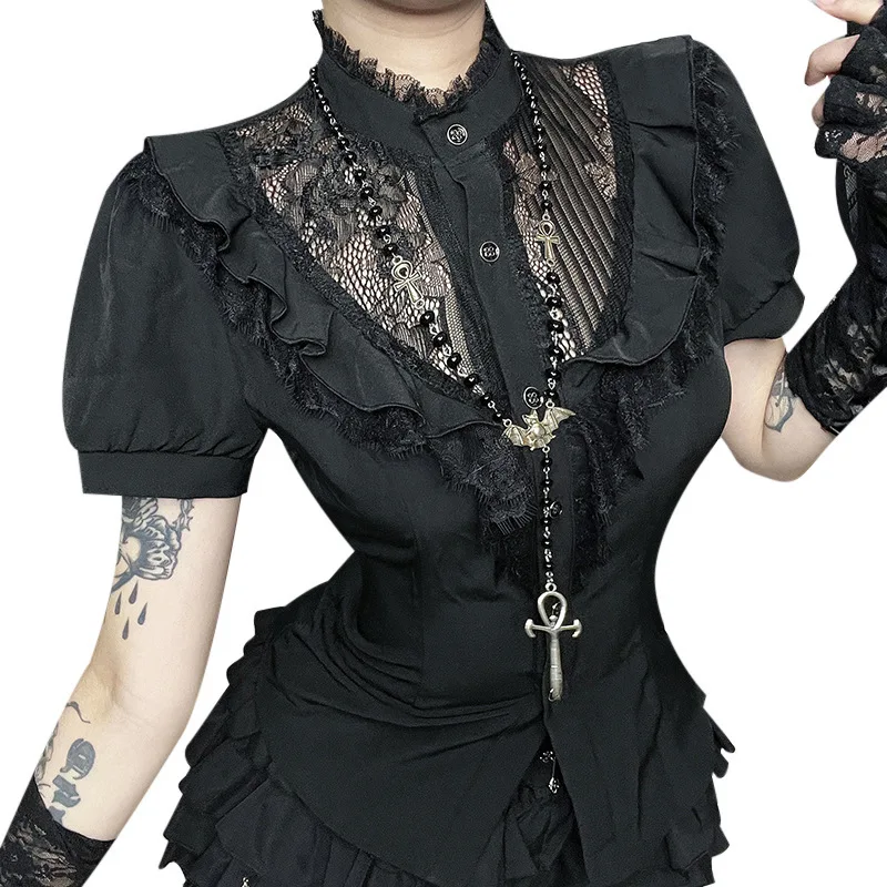 

Dark Lace Hollow Short-sleeved Top 2025 New Sexy Spice Slim Versatile Shirt Women Cw67632