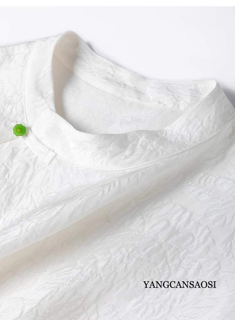 New Chinese Soft Glutinous Relief 100% Natural Mulberry Silk GuanLe Crepe Standing Neck Raglan Sleeve White Women's T-shirt