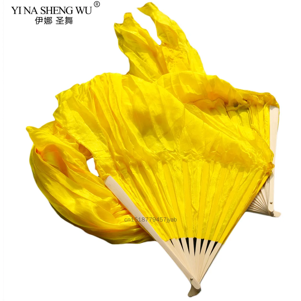 

100% натуральный шелк, женские высококачественные китайские танцевальные шелковые веера, 1 пара, окрашенные вручную шелковые веера для танца живота, желтый 180x90 см, реквизит для танца