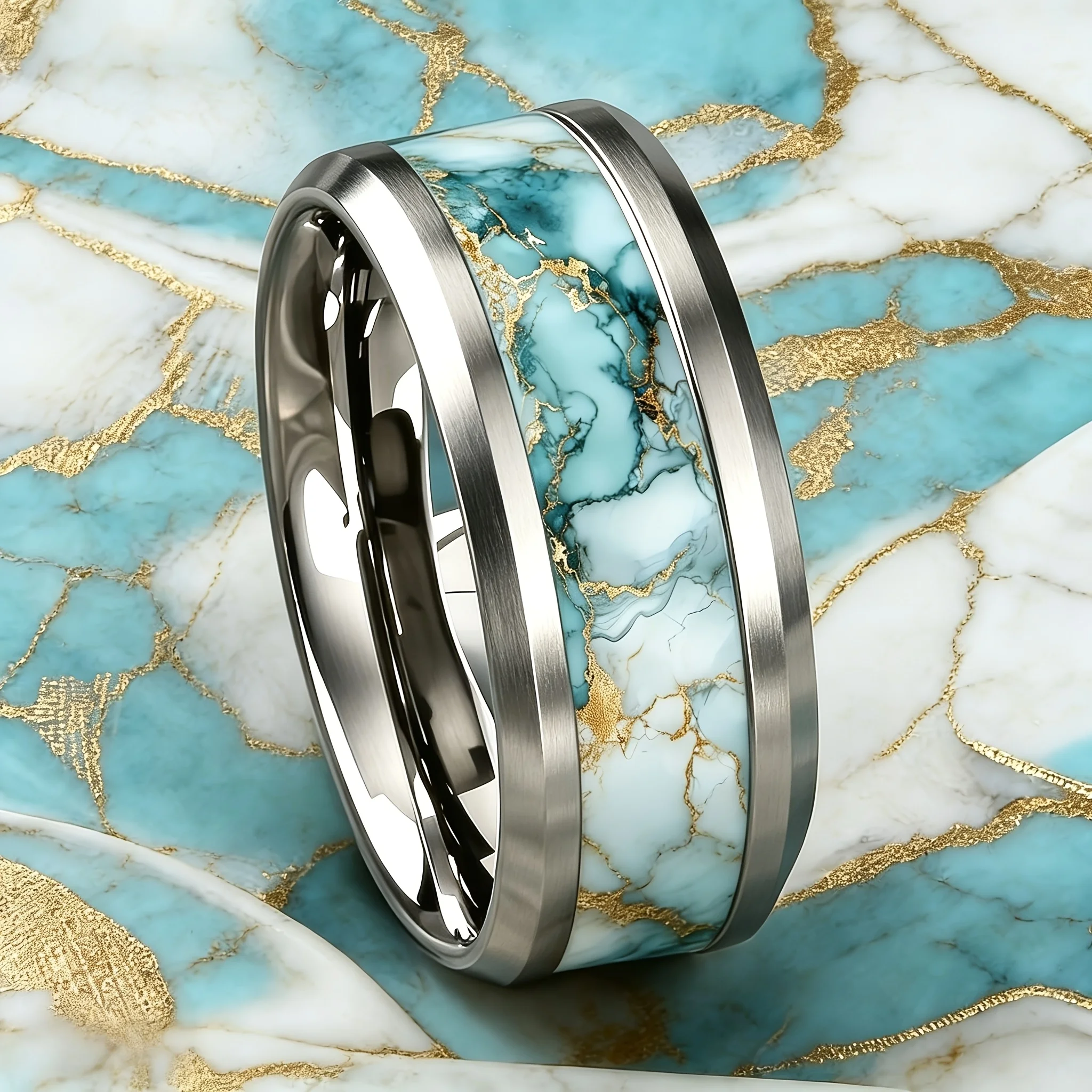 Luxury Sky Blue Turquoise & Golden Marble Pattern Ring Stainless Steel Rings For Women Men Wedding Jewelry Valentine's Day Gifts