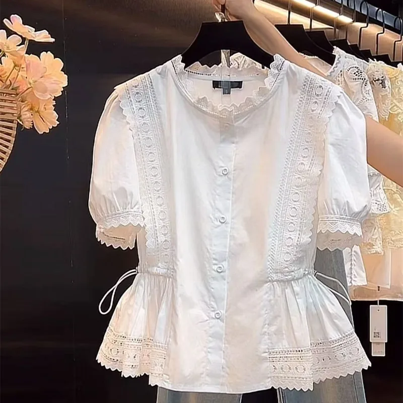 

Vintage Elegant All-match White Shirt Women 2025 Summer New Short Sleeve Tops Mujer Fashion Slim Waist Drawstring Blouses