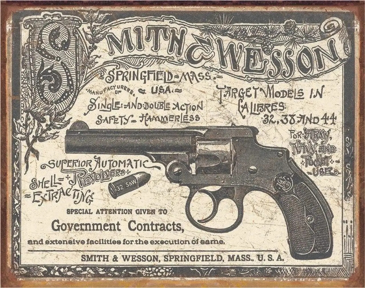 Desperate Enterprises Smith & Wesson — жестяная вывеска для правительных сокращений 1892, ностальгический винтажный металлический настенный декор — сделано в США