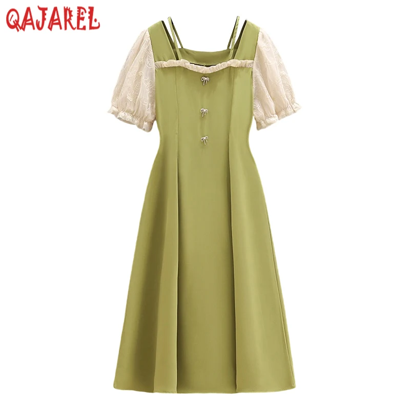 Vestido Midi de manga corta para mujer, prenda con bordado verde, cuello cuadrado con volantes, ropa de fiesta Vintage coreana, color negro, 2024