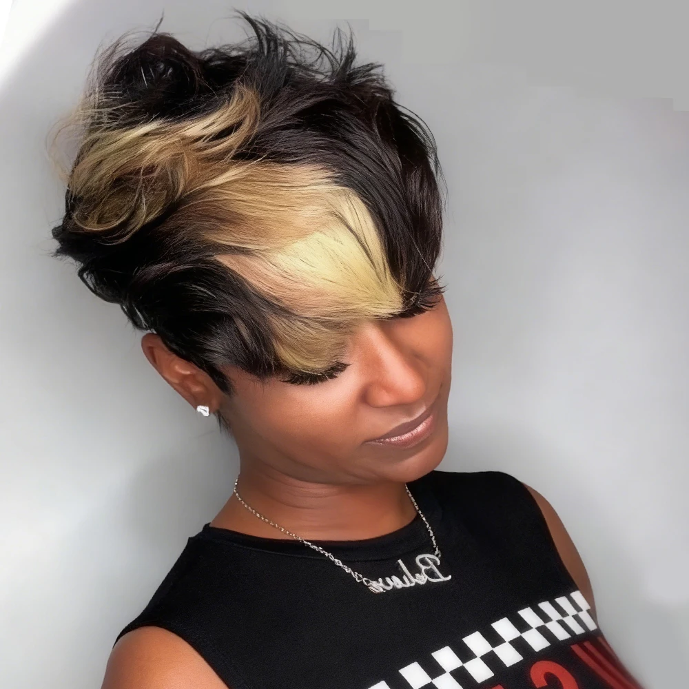 

Короткий парик-пикси 1B/27 с челкой для женщин, прямые натуральные волосы, многослойный парик, черный с медово-блондным оттенком, машинная работа