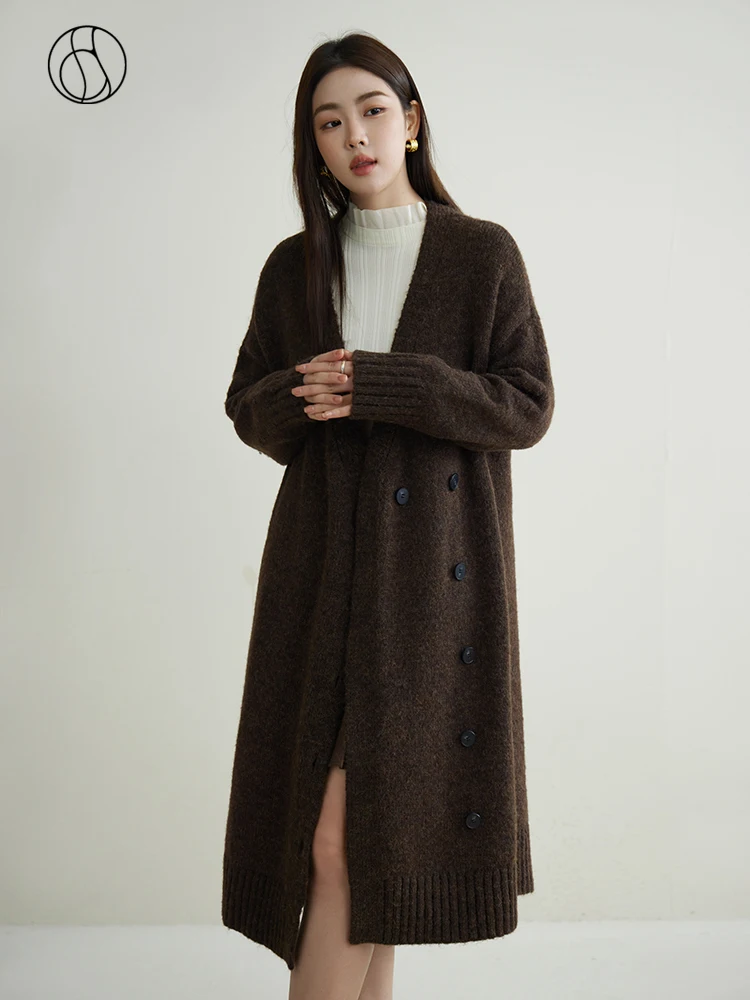 

DUSHU Versatile Cardigan Jacket For Winter 2023 Lazy Style Mid Length Loose Knit Jacket Brown Women Casual Long Sweater Coats