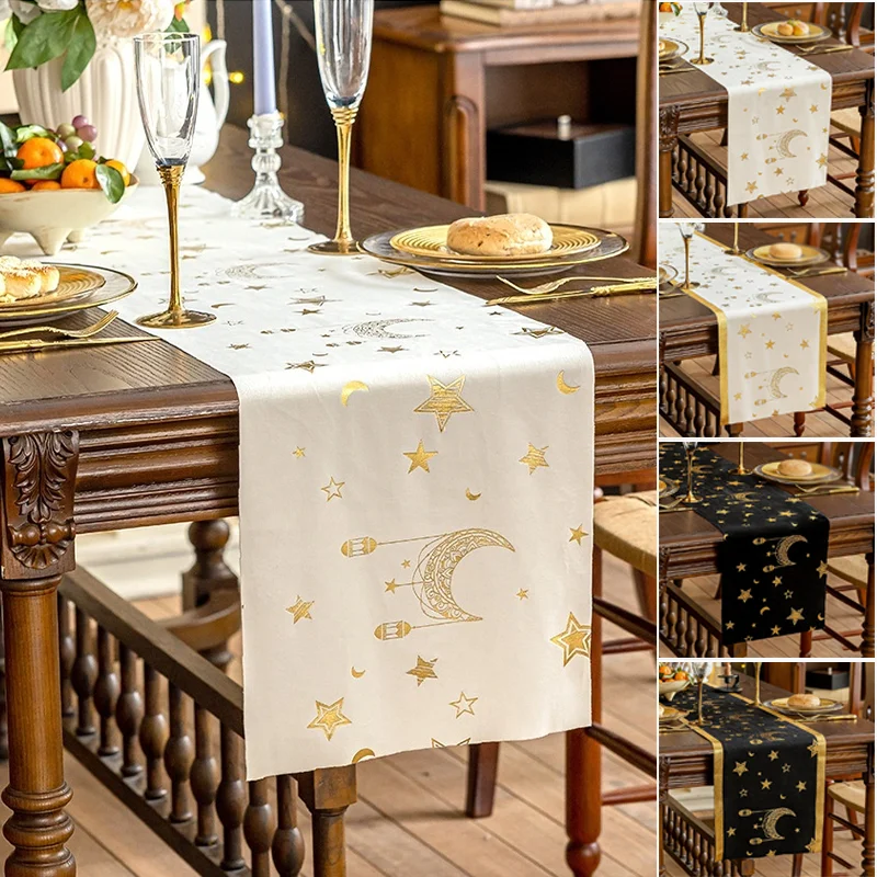 

Retro Style Tablecloth Islamic Festival Decor - Moon Star Pattern Table Runner for Ramadan/Eid Al Adha Family Dinner Decoration