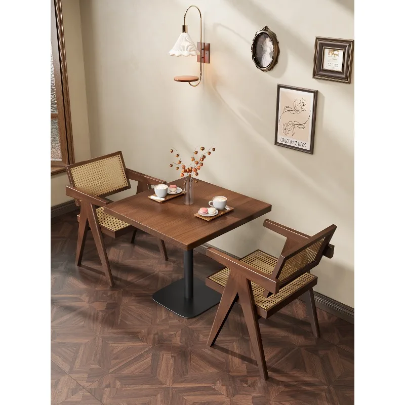

Cafe dessert shop solid wood square table and chair combination square medieval dining table and chair set for restaurant hotel
