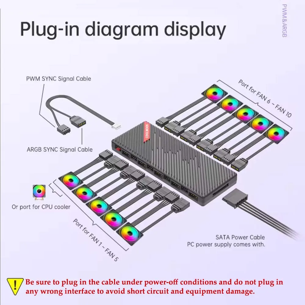 COOLMOON 4Pin PWM Cooling Fan 1 to 10 Way Splitter Extension Hub 5V3Pin ARGB Addressable LED Aura Sync Ultra Thin Sata Interface