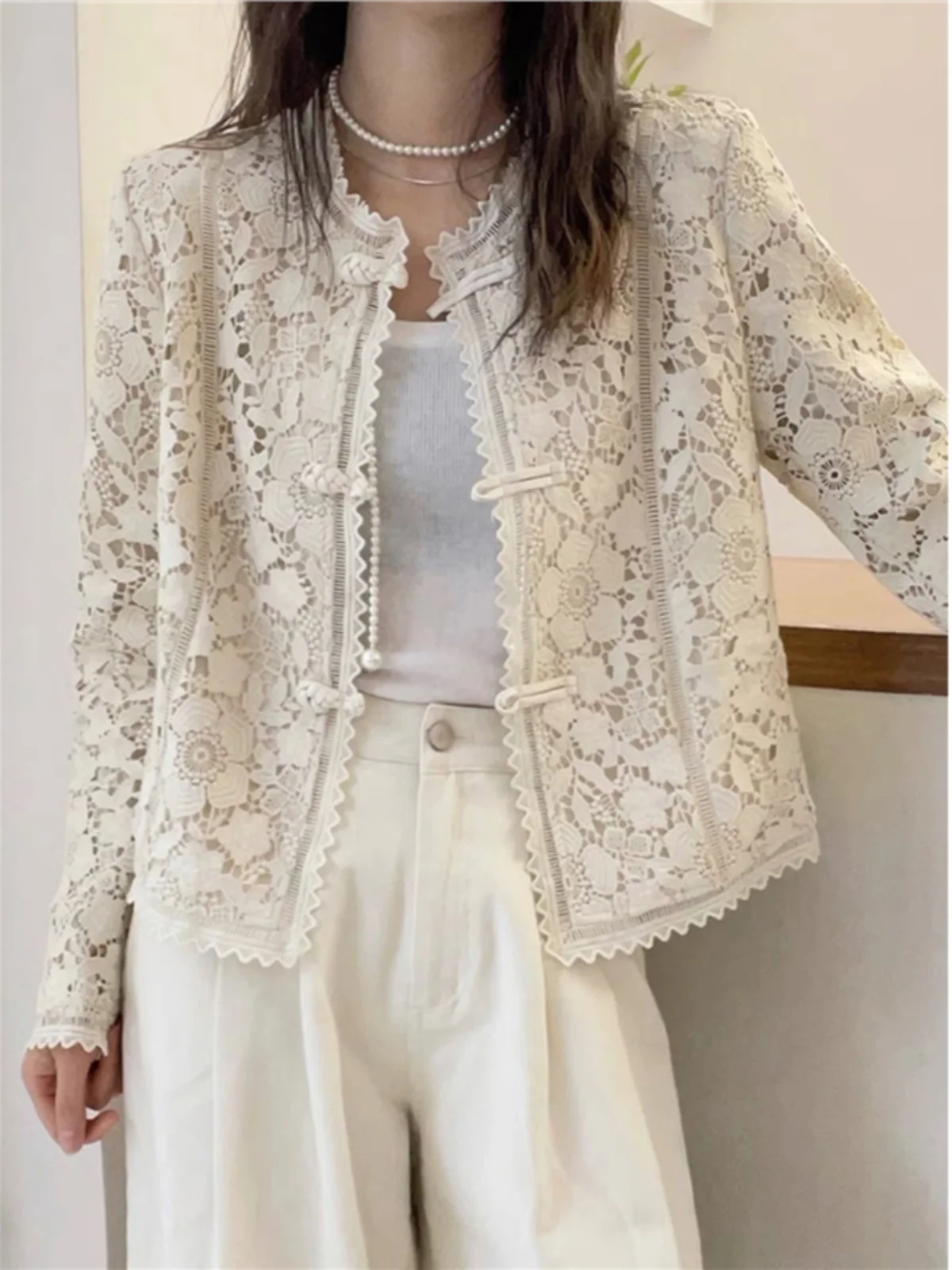 

Outlets Hollow out Knitted Open Cardigan Women Spring Autumn Small Fraance Sle White Hook Flower Loose round Ne Long Sl...