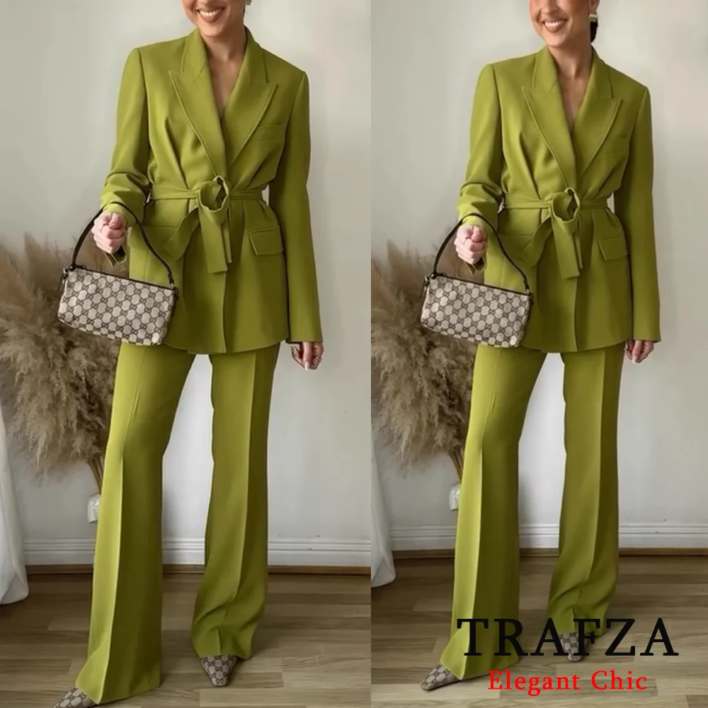 

TRAFZA Women Stylish Green Belted Loose Blazer OR Flared Pants 2025 New Spring Summer Fashion Office Lady Dinner Casual Set