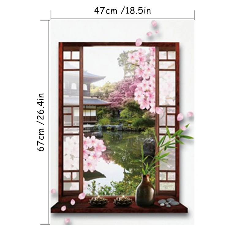 Occident Style Fake Window Mural Garden Landscape 3D Wall Art Vinyl Stickers for Home Decoration Sakura Scenery Poster Wallpaper