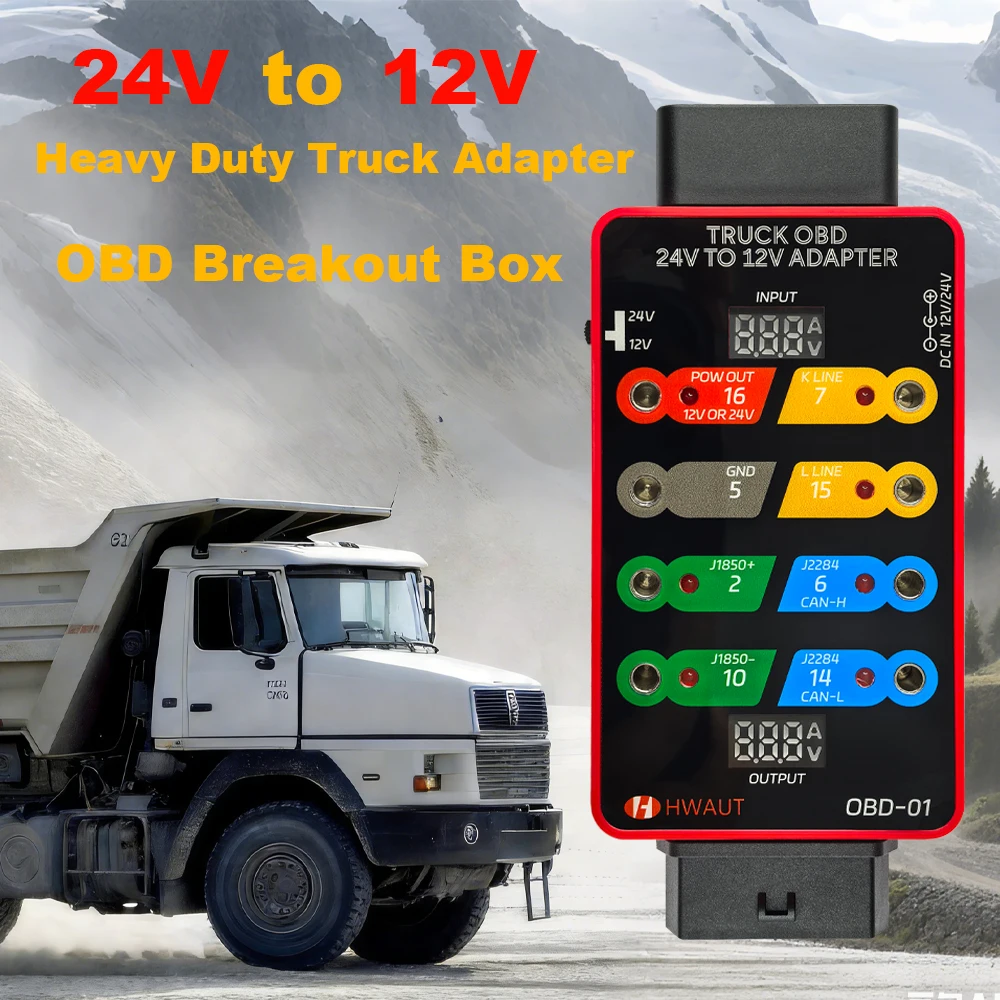 24vから12vへのヘビーデューティートラックobdアダプターブレークアウトボックス、電圧・電流表示信号検出器、トラック用診断ツール
