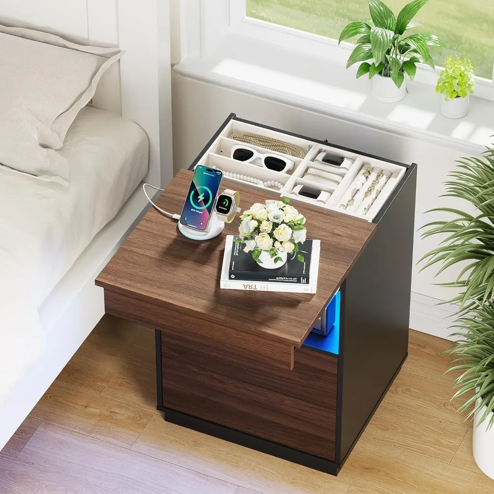 #Modern Nightstand with Hidden Compartment USB/Type-C Charging Station Locking Gun Drawer LED Lights for Bedroom，Customized