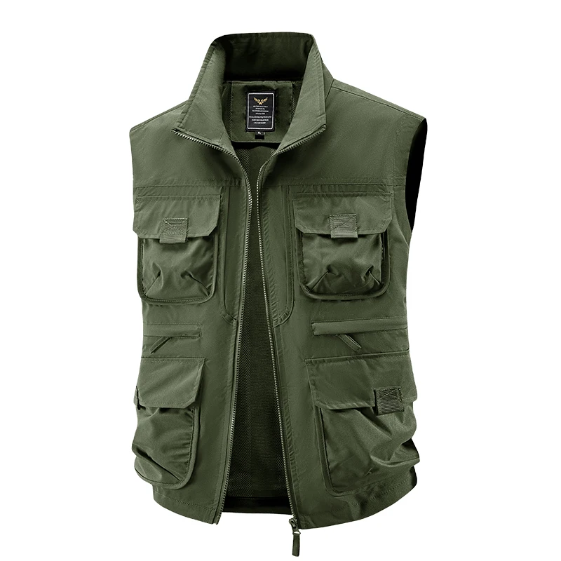 

New Men Sleeveless Outdoor Casual Breathable Cargo Vest Male Coat Summer Men Fishing Multiple Pockets Solid Stand Collar Vest