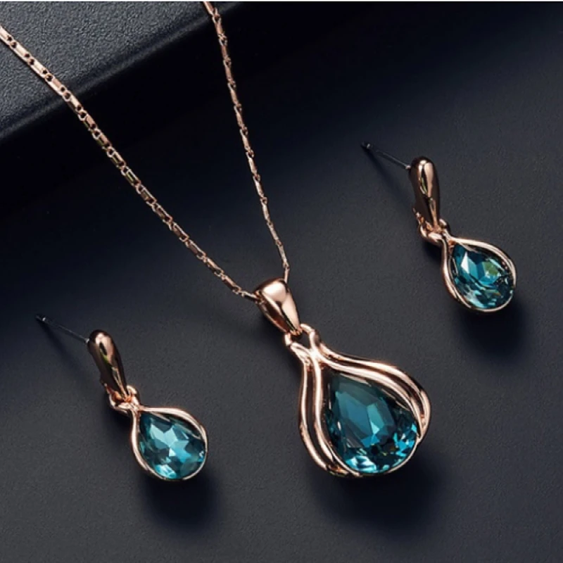 Fashion European and American Blue Zhihai Creative Geometric Wedding Earrings Necklace Set Women\'s Blue Green Water Drop Set