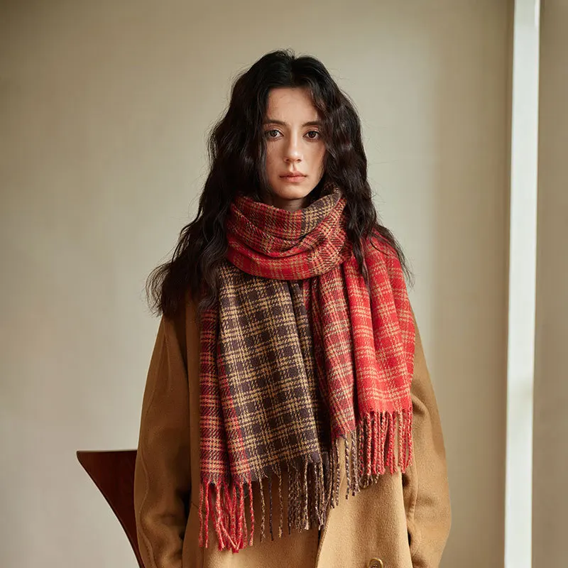 2024Winter New Retro British Double sided Color blocked Grid Pattern Imitation Cashmere Women's Scarf Soft Thick OuterCoat Shawl