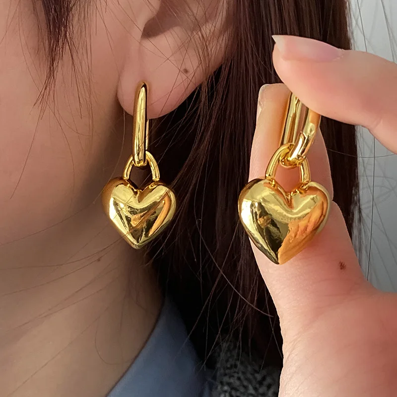 Brass Chunky Linked Heart Pendant Drop Earring Women Jewelry Punk Designer Runway Rare Simply Gown Boho Japan Korean