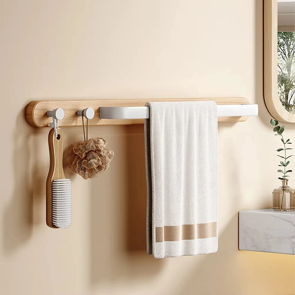 Picture 6: Solid Wood Wall Mounted Bath Towel  With Hooks Aluminum Towel Pole Hotel Towel  Storage Rack Bathroom decoration rack