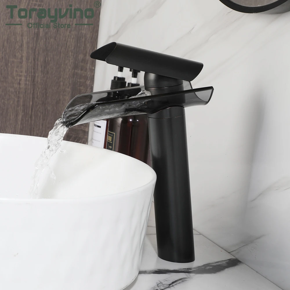 

Torayvino Bathroom Faucet Glass Waterfall Spout Basin Deck Mounted Single Handle Torneira Sink Hot And Cold Mixer Water Tap