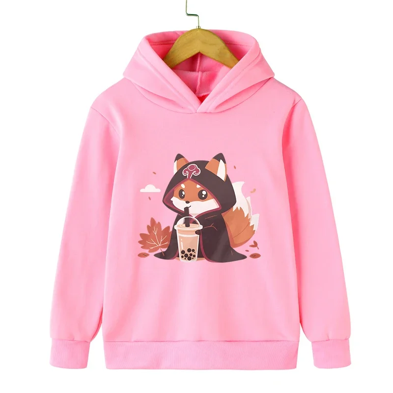 3-12 Years Old Children\'s Fox Bobo Tea Hoodie Kids Cartoon Style Clothing Long Sleeve Lovely Animal Milk Tea Boy Girl Sweatshirt