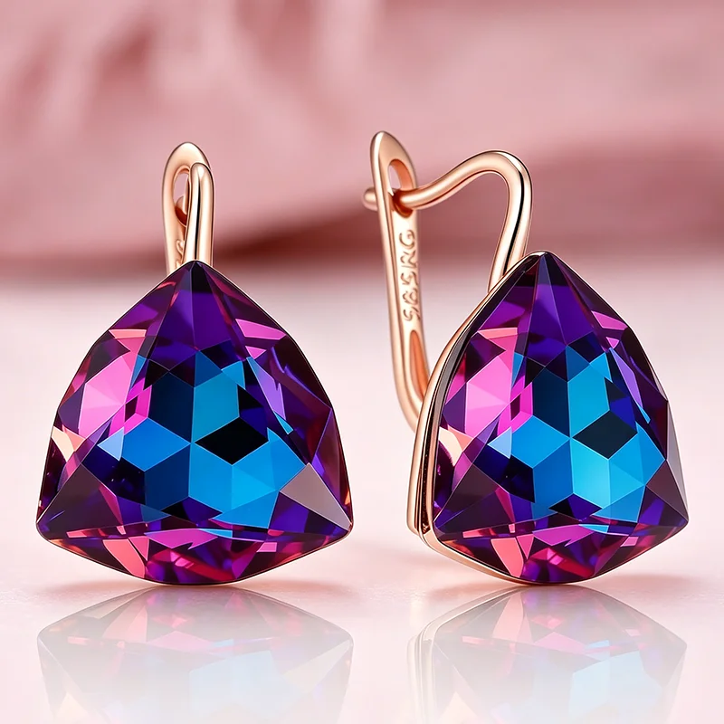 Wbmqda Einzigartige lila-blaue Farbverlaufs-Stein-Ohrhänger für Frauen, 585er Roségold, 25 x 13 mm, großer Zirkon, Schmuckzubehör