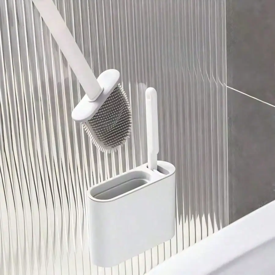 Black Silicone Toilet Brush With Wall-Mounted Storage Box, Flat Brush Head Design, Suitable For Bathroom Cleaning, Easy To Hang, Bathroom Cleaning Tool, Modern Bathroom Accessory SH260701154768595106594