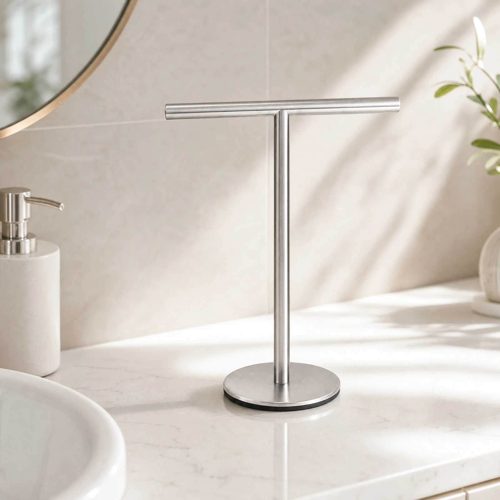 Stainless Steel T-Shaped Towel Stand Rustproof Single-Bar Freestanding Towel Rack Easy to Assemble Non-Slip for Bathroom