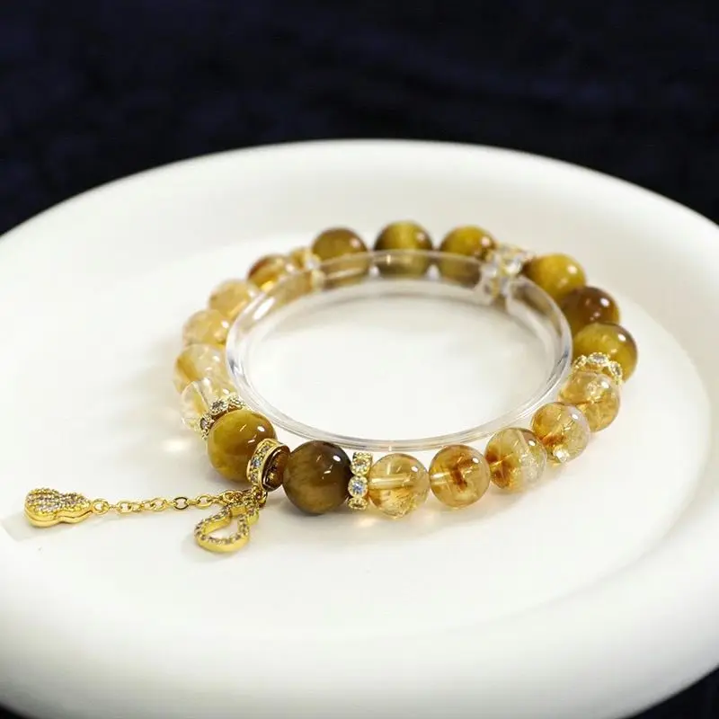 

Женский браслет на запястье с натуральным цитрином, желтым башенным золотом и инкрустацией камнем тигрового глаза на Новый год, чтобы отправить семью