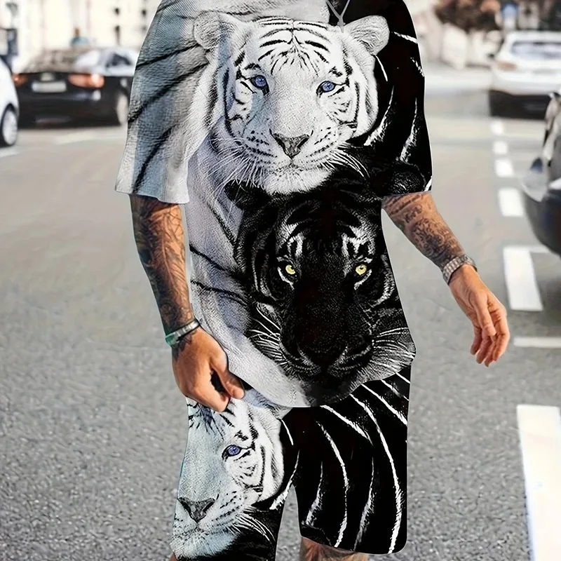 New 3D Tiger Print Breathable Shorts for Summer 2025 Casual Y2K Style Set Men's Plus Size Sportswear