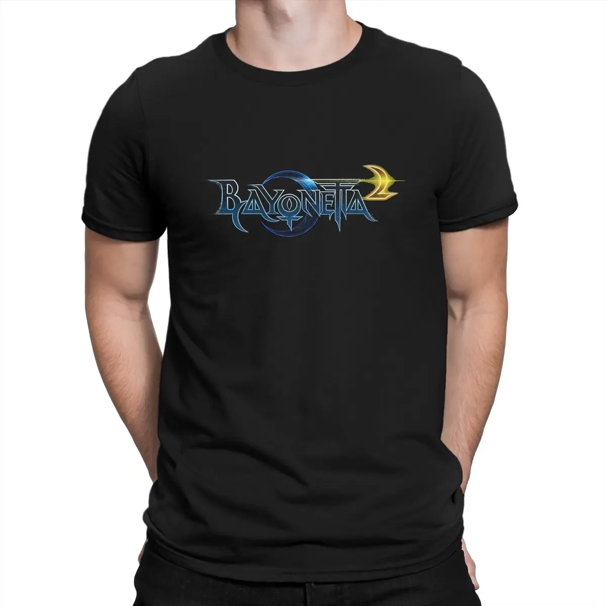 

Bayonetta Newest TShirt for Men Blue and Yellow Round Collar Pure Cotton T Shirt Distinctive Birthday Gifts Streetwear