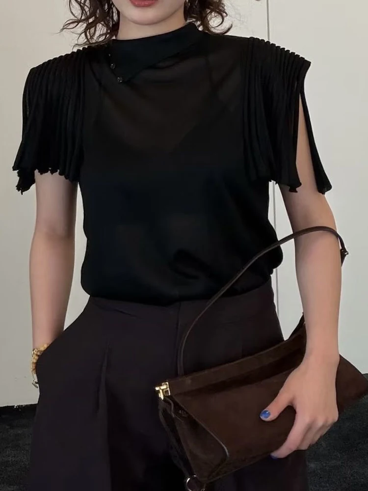 2026 Summer New Design - Women's High-neck Ruffled Short-Sleeved Knitted Top - Elegant and Versatile Slimming T-shirt