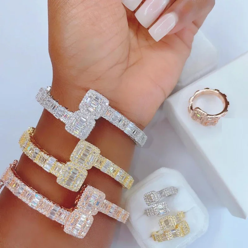 New Bling 5A CZ Custom Opened Square Charm Bangle Pave Cubic Zircon Bracelet Iced Out Geometric CZ Cluster Jewelry for Men Boy
