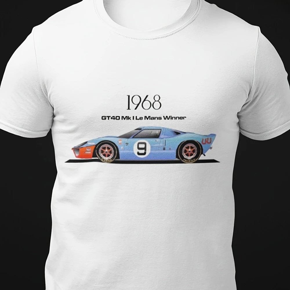 1968 GT40 Retro Racing T-Shirt Printed with Race Car No. 9 and Sponsor Logos Casual Collectible Slight Stretch Fabric Summer