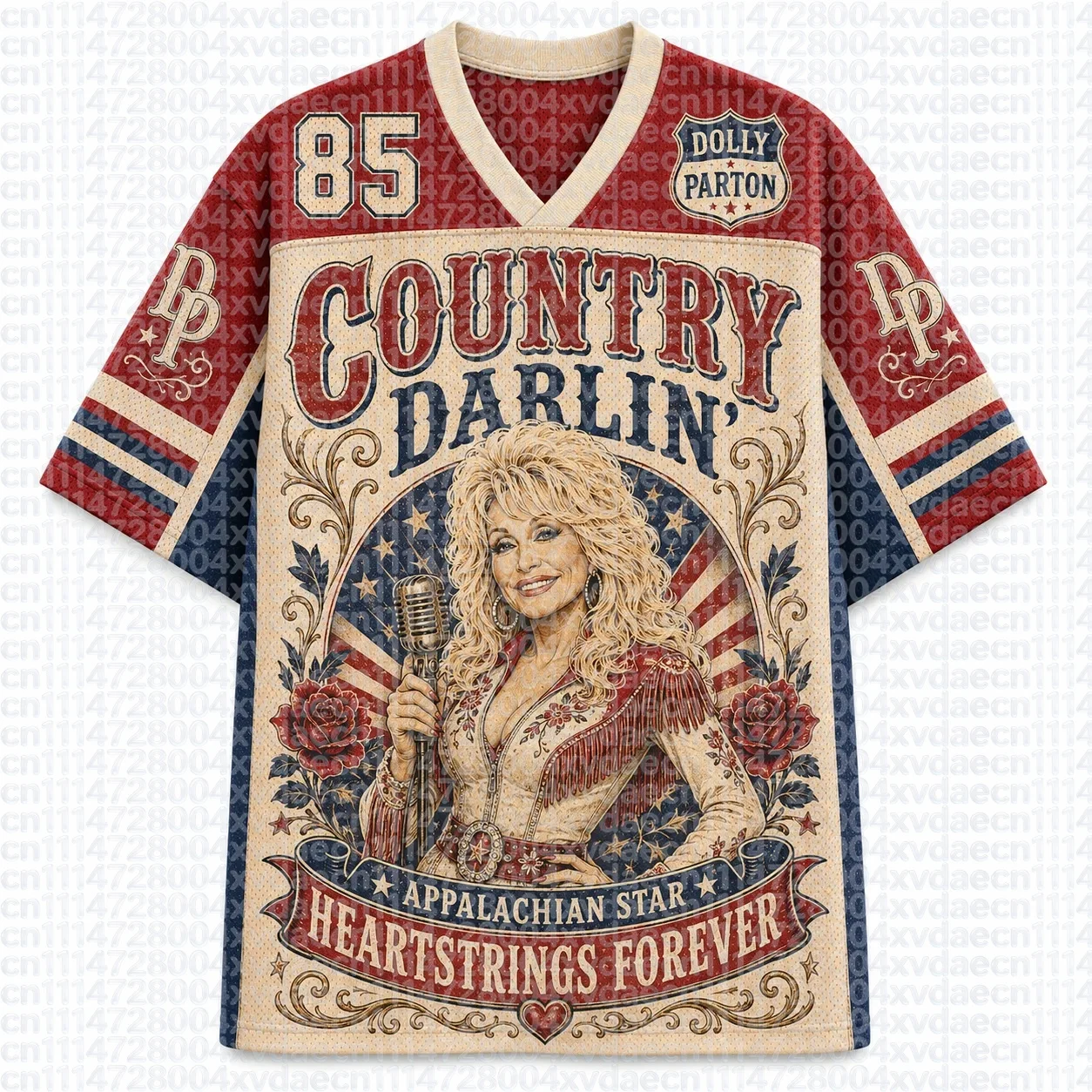 Vintage Country Music Fan Jersey, Retro Western Female Singer Microphone Rose American Flag Distressed V-Neck Unisex Streetwear