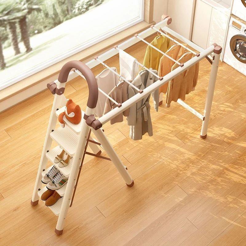 New folding ladder clothes hanger integrated, multifunctional telescopic clothes hanger, thickened carbon steel folding ladder