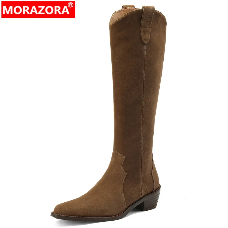 

MORAZORA 2024 New Cow Suede Leather Knee High Boots Popular Female Pointed Toe Winter Boots Zipper Square Med Heels Women Shoes