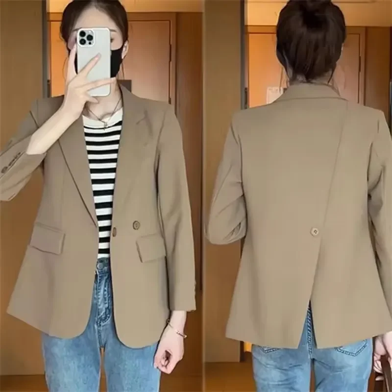 

2025 New Chic One Button Suit Jacket Women Blazers Casual Notched Office Ladies Outwear Slim Temperament Khaki Split Back Tops