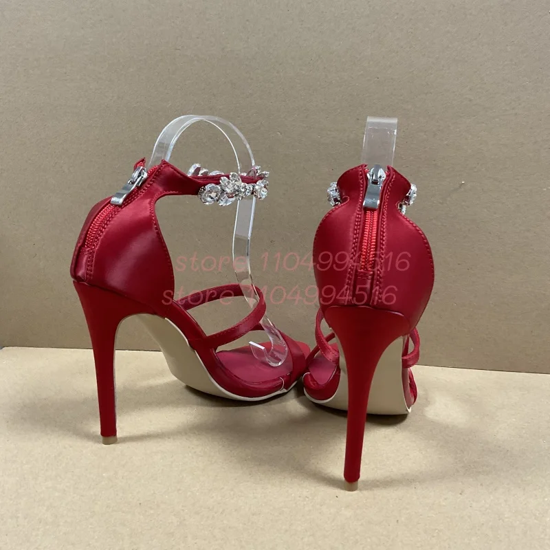 Red Shiny Rhinestone Ankle Strap Thin Heels Women Satin Back Zipper Peep Toe Sandals Lady Sexy One-Strap Wedding Party Evening