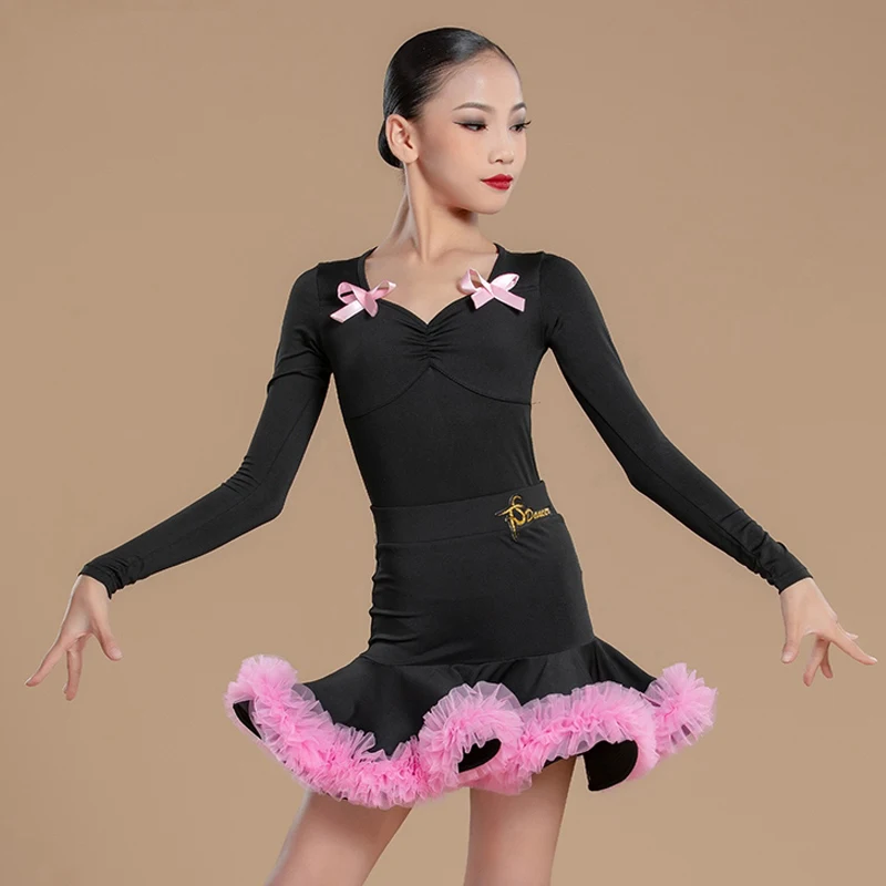 

New Girls Latin Dance Dress Long Sleeves Bow Pink Ruffles Skirt Cha Cha Rumba Dance Performance Clothes Practice Wear DNV21913