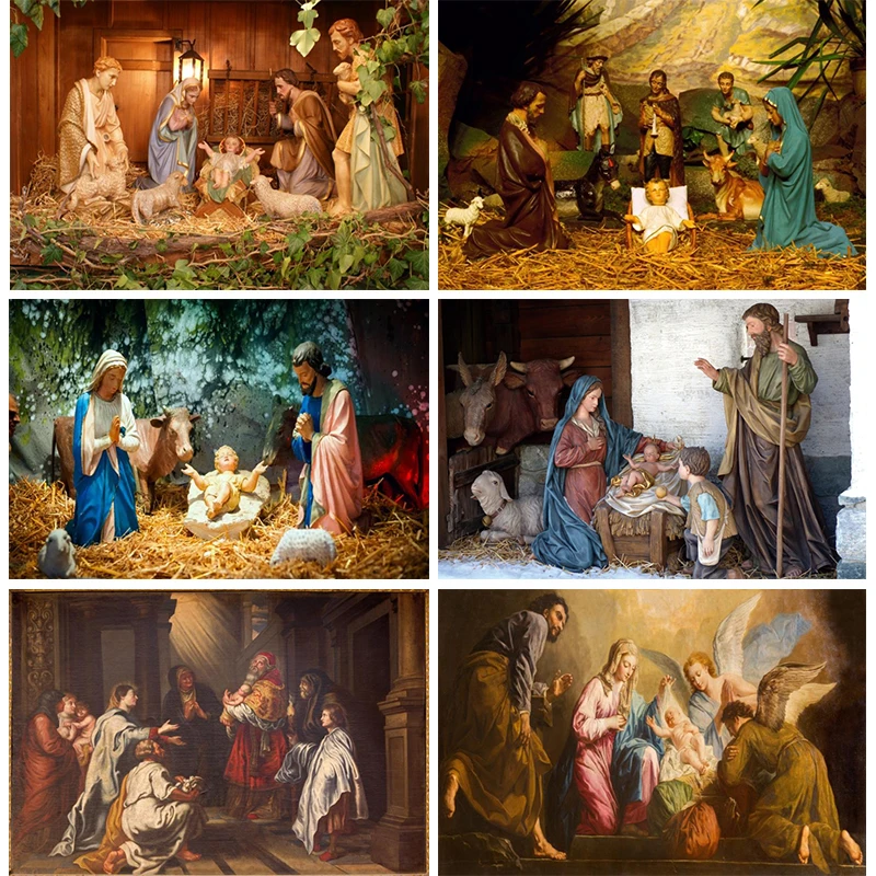Birth of Jesus Photography Backdrops Holy Family Christmas Nativity Manger Scene Baby Figures Newborn Photo Studio Background