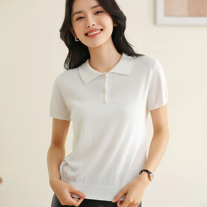Summer Women's 100% Cotton Short Sleeve T-shirt Knitted POLO Collar Solid Color Basic Breathable Cool Hot Selling Top for Women