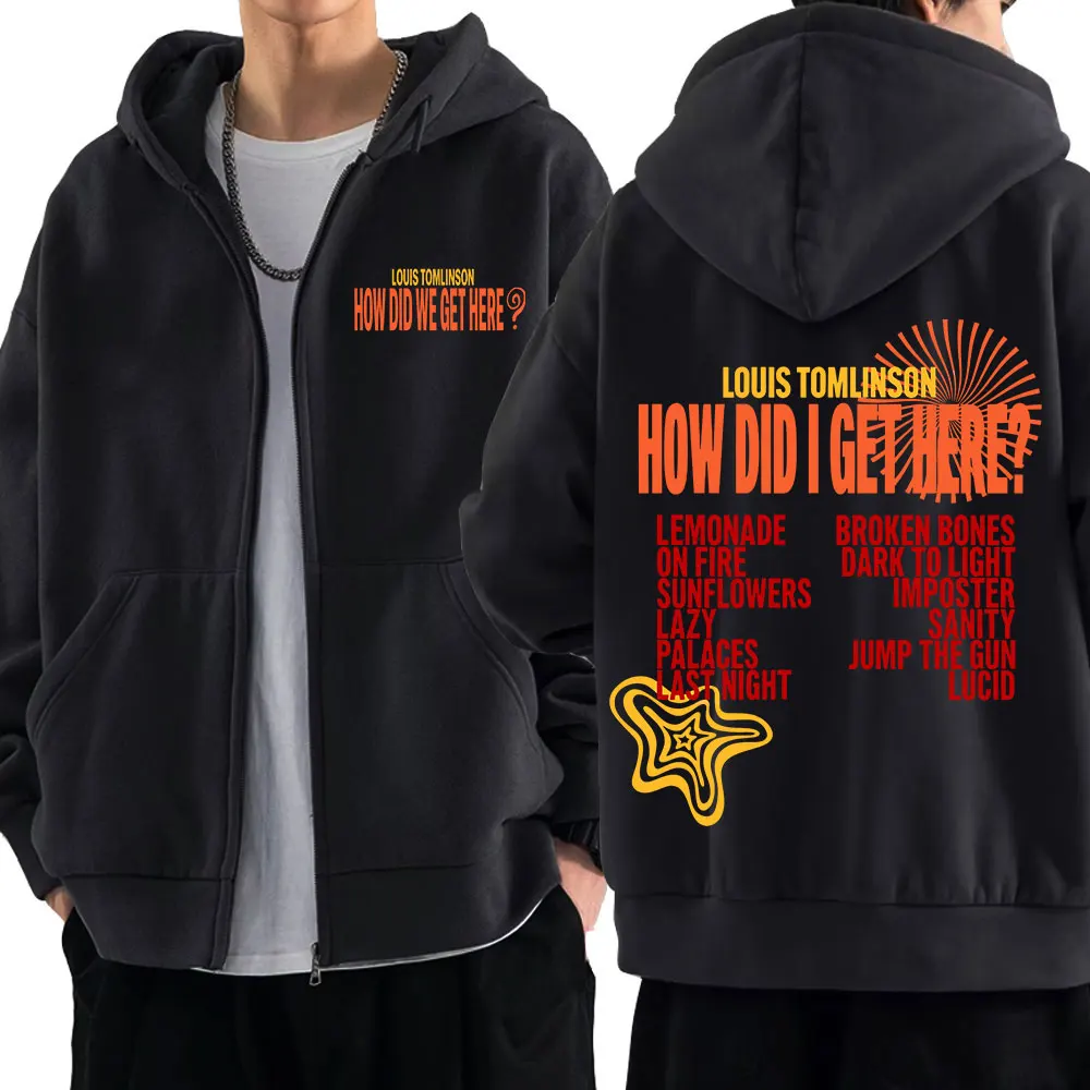 Singer Louis Tomlinson How Did I Get Here Tour 2026 Print Zipper Hoodie Men Fashion Jacket Loose Casual Hip-hop Zip Up Jackets