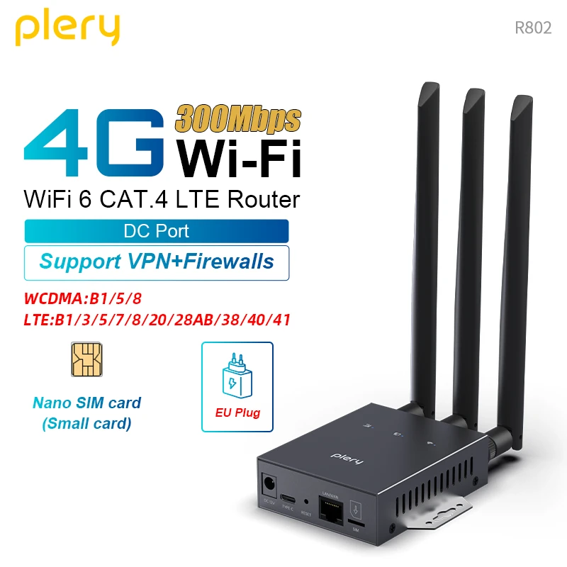 Plery 300Mbps 4G LTE Router SIM Card Wifi Devices VPN-Firewall Wi-fi Router For UkraineType-C/DC 3*5dBi Antennas Reset WIFI 6