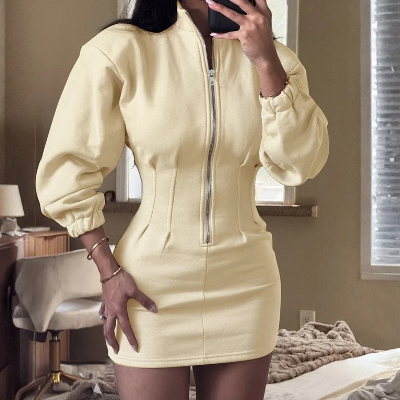 

Fashion Long Sleeve Zipper Stand Collar Mini Sweatshirt Dress Women 2025 Autumn Winter Sexy Bodycon Dresses for Women Casual