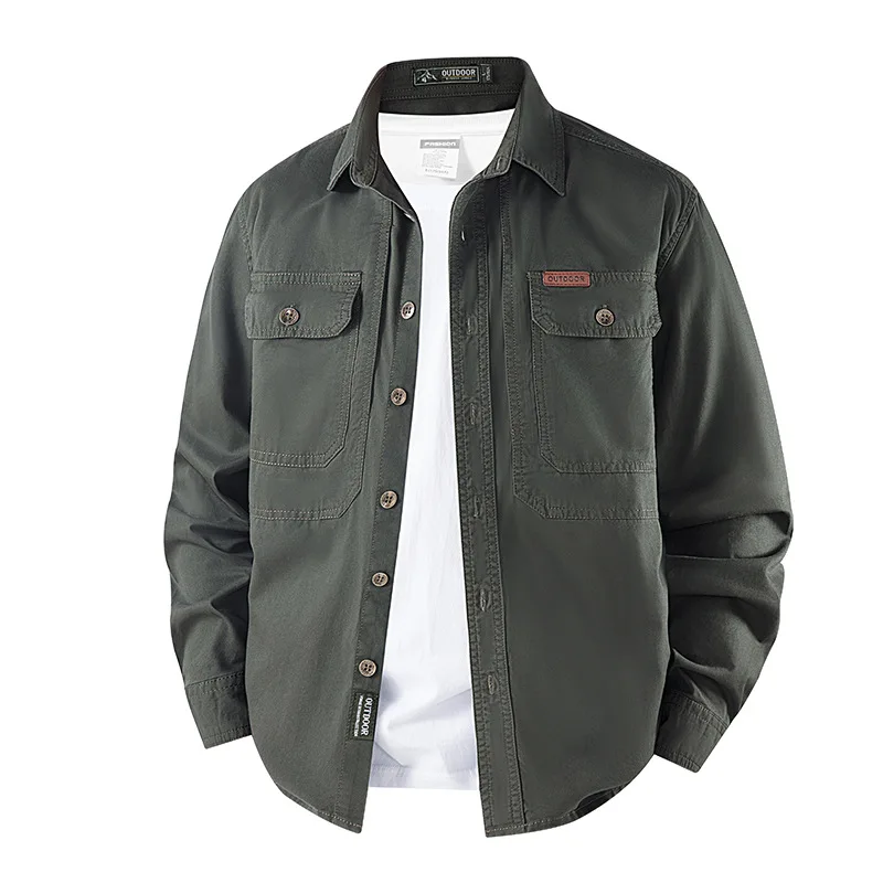 

2026 men's spring new long sleeved shirt with multiple pockets, workwear, outdoor casual shirt