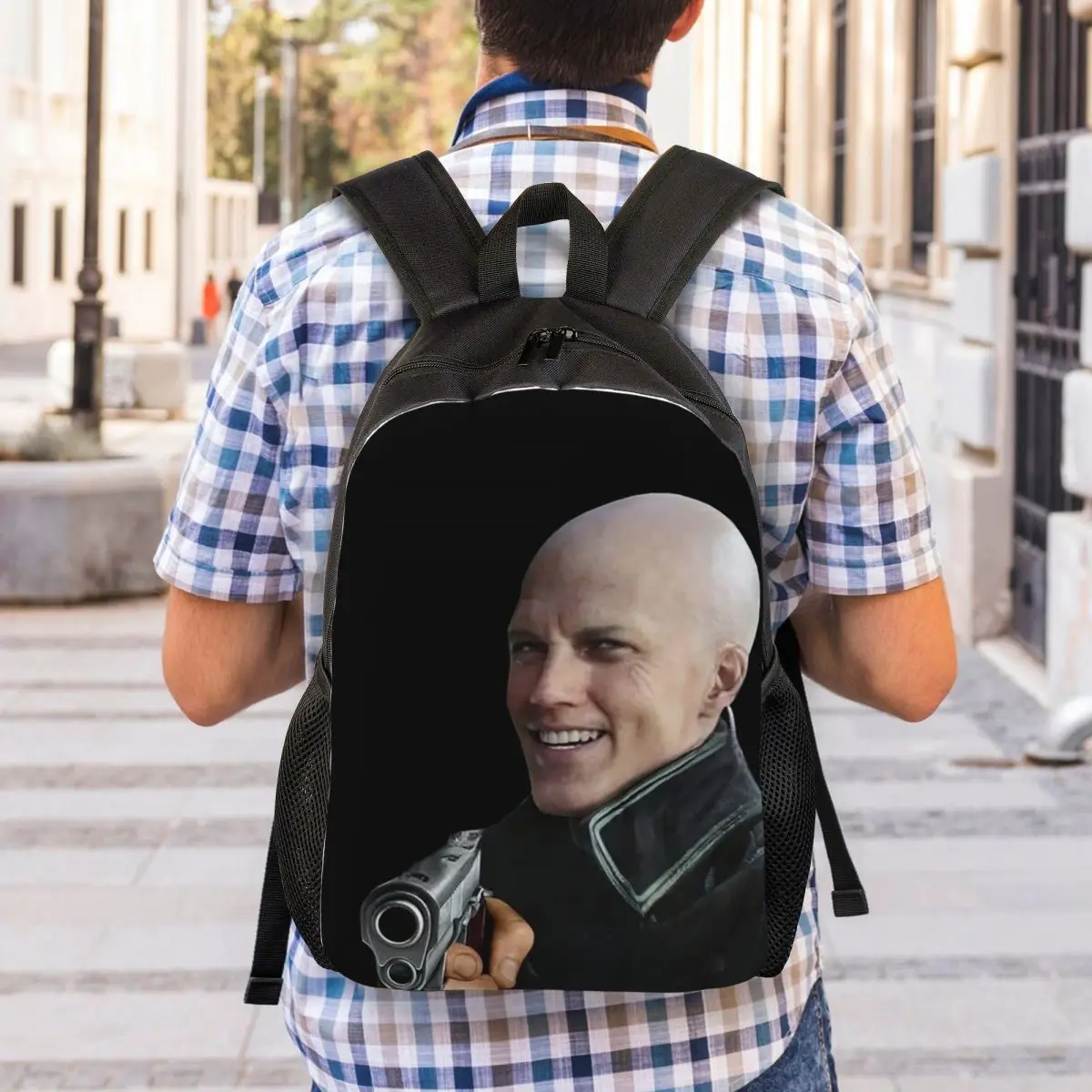 Bald Vergil Pointing A Gun - Blursed Devil May Cry Funny Face Meme Backpack Student BookBag School Bag Laptop Shoulder Bags