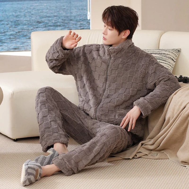 Japanese Style Coral Fleece Sleepwear Thickened Stand Collar Flannel Home Clothes Simple Large Size Winter Set for Men
